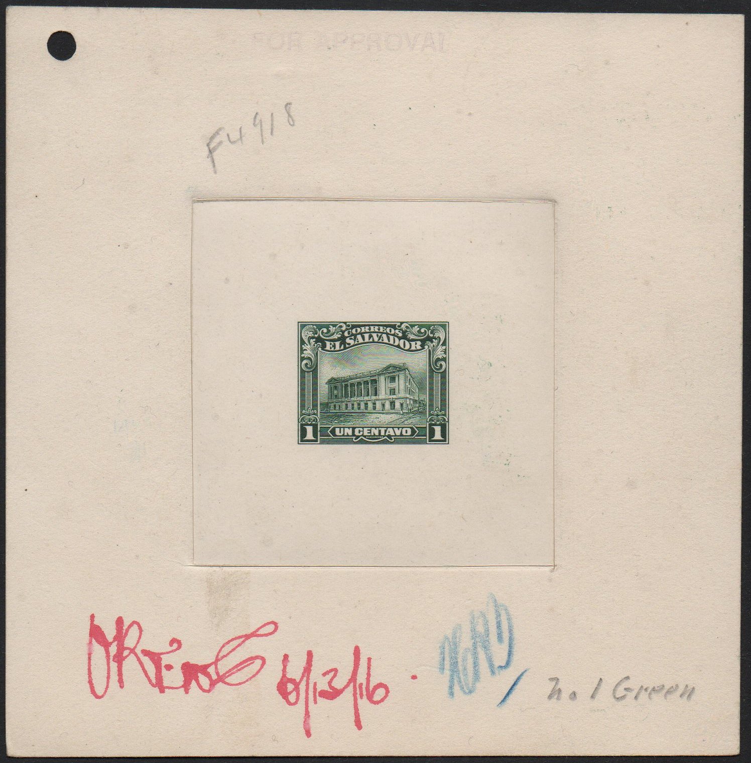 ABN Co. stamp archive working die proof of 1c - front - timbres-poste Briefmarken stamps El Salvador Tram Trolley Tranvia National Theatre teatro nacional 